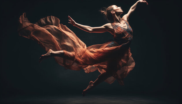 One young woman, a ballet dancer, gracefully levitates mid air generated by AI