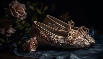 Rustic elegance Leather high heels adorn a floral wedding bouquet generated by AI