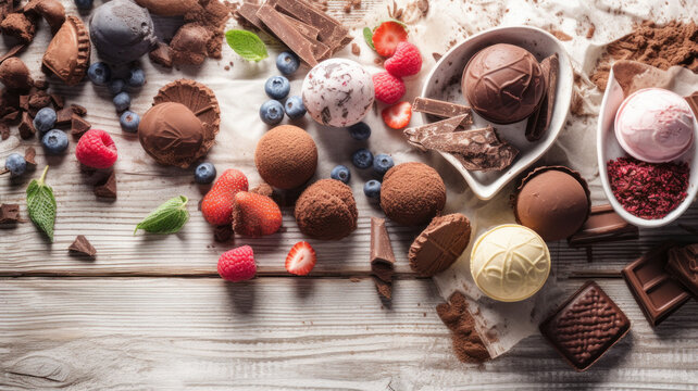 Cool summer food corner border. Group of chocolate theme ice cream and frozen treats. Overhead view on a white wood banner background. Generative AI