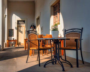 Tables and chairs outside a restaurant