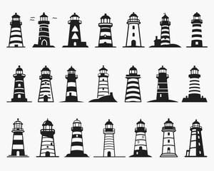 Lighthouse silhouette icons set logo black beacon light ocean sea light house nautical marine silhouettes vector illustration