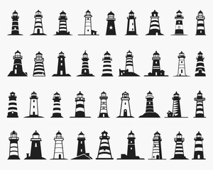 Lighthouse silhouette icons set logo black beacon light ocean sea light house nautical marine silhouettes vector illustration