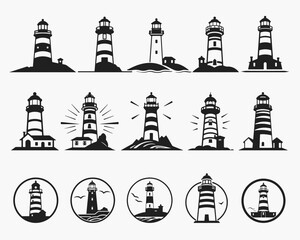 Lighthouse silhouette icons set logo black beacon light ocean sea light house nautical marine silhouettes vector illustration