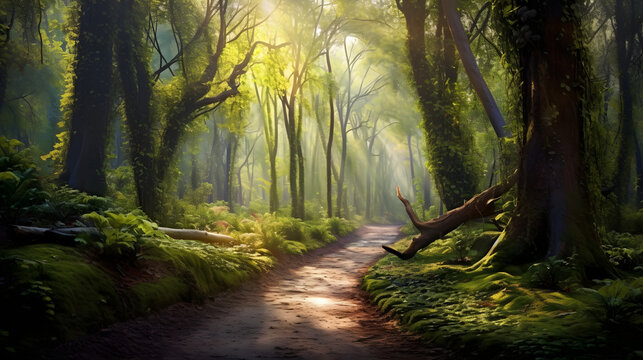 Caminho pacífico através de uma floresta densa