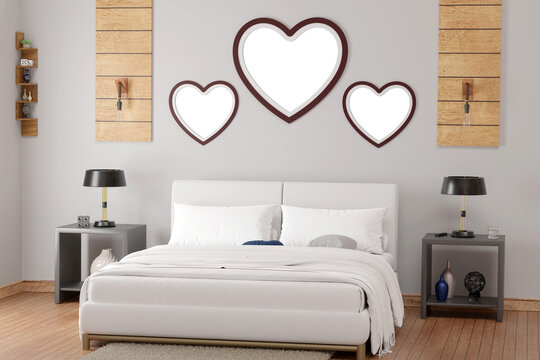 triple heart shaped wall picture frame, nice bed, lamp,  nightstand and beautiful carpet