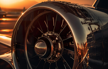 Illustration of turbine of engine airplane in airport background. Engine of a private jet on an airstrip. Airplane at sunset. Realistic 3D illustration. Generative AI