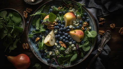 Fototapeta na wymiar Gourmet salad with sweet pears, blueberries, blue cheese, arugula and walnuts. Black table background, top view. Generative AI