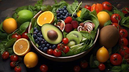Salada colorida cheia de frutas e vegetais - obrazy, fototapety, plakaty