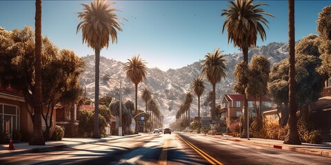 Obraz premium Road summer california with palm bright light. Generative Ai