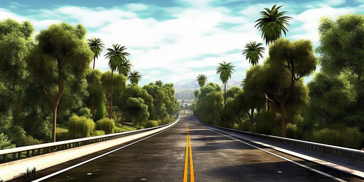 Road summer california with palm bright light. Generative Ai