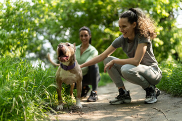 Two girls joyfully jog outdoors, accompanied by their loyal dog, as they embrace the refreshing...