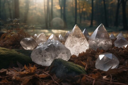 Quartz gemstones on natural forest background for spiritual practices. Keywords: crystals, ritual, magic, healing, balance, relax, harmony, witchcraft, Reiki, minerals. Generative AI
