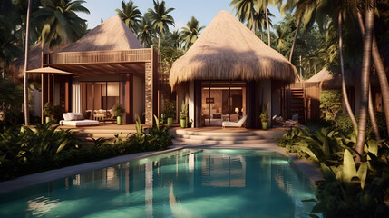 Resort luxuoso com arquitetura tropical - obrazy, fototapety, plakaty