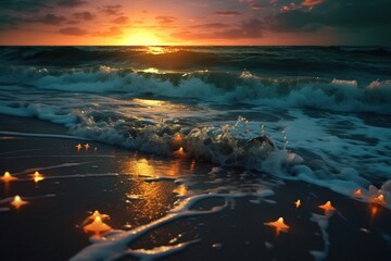 Fototapeta na wymiar Calm ocean in summer is tumbling onto the beach in dawn with bioluminicent