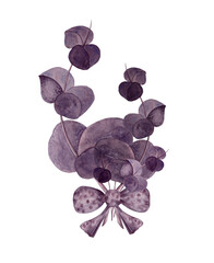 A bouquet of eucalyptus tied with a bow. Eucalyptus leaves on a branch. Watercolor eucalyptus leaves in hematite haze. Ideal for stationery, greetings, posters and postcards