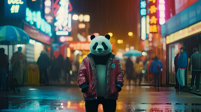 cute panda in hood, standing in a neon retro city, y2k, nostalgia, vintage, 90s movie style, lofi fashion, ai generative