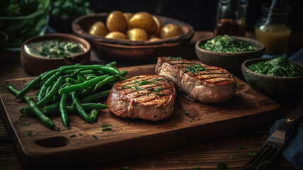Grilled pork loin steaks with green beans and fried potatoes on wooden table.  Generative AI
