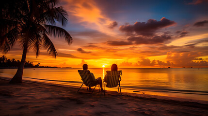 Casal relaxando na praia ao por do sol