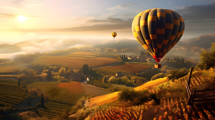 Balão de ar quente voando sobre uma paisagem nas montanhas - obrazy, fototapety, plakaty
