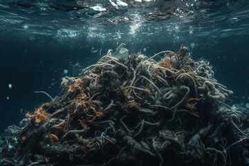 Artwork depicting ocean plastic pollution. Generative AI