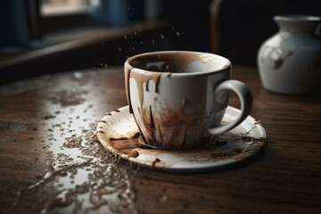 Coffee cup spilled with dirty stain requires dry cleaning white spot pour out. Generative AI