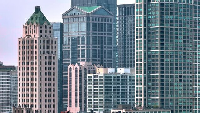 The skyscrapers of Chicago downtown and Prudential Tower aerial view over the city - aerial photography by drone