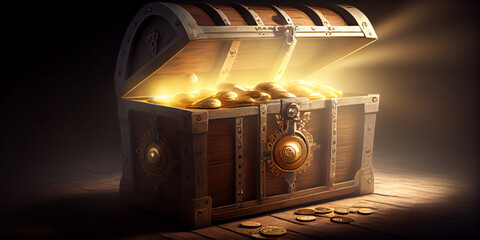 Ajar vintage magical pirate chest with gold coins, bright rays of light fall on the coins in the chest in the dark. Generative AI
