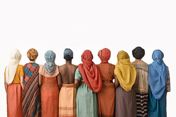 People of different nationalities in bright national clothes, viewed from the back and on an isolated background. Generative AI