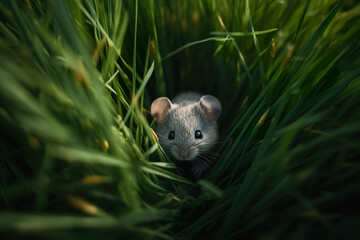 Naklejka na ściany i meble A mouse among tall grasses watching its surroundings. Funny little mouse runs in the grass. A mouse in the forest with green background. Realistic 3D illustration. Generative AI