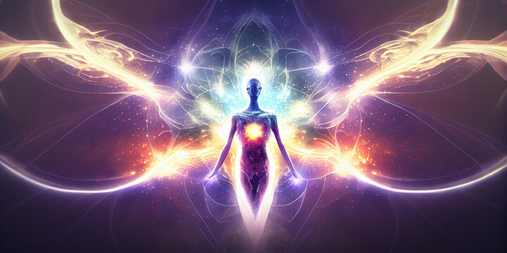 Conceptual image of the energy flows and the aura or soul of a person. Generative AI