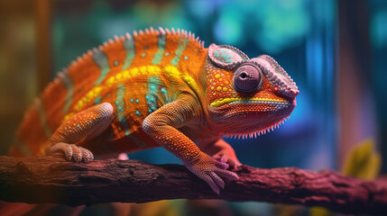 Fototapeta premium Close up portrait of colorful vibrant chameleon on tree branch