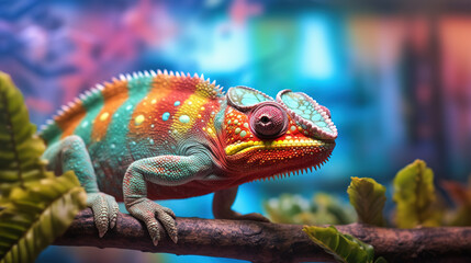 Close up portrait of colorful vibrant chameleon on tree branch