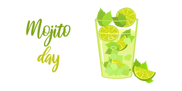 Mojito day. A refreshing delicious drink. Lime and mint. Banner, poster, postcard design. Vector flat illustration.