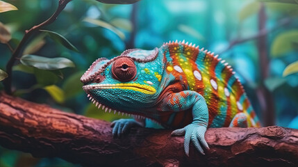 Fototapeta premium Close up portrait of colorful vibrant chameleon on tree branch