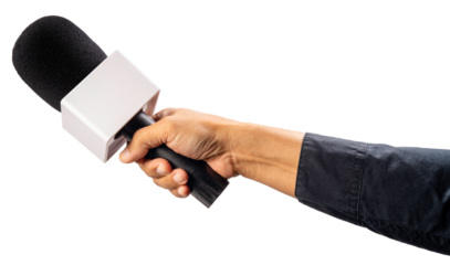 Hand Holding Microphone for Interview Isolated on white png file.
