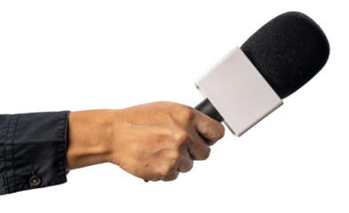 Hand Holding Microphone for Interview Isolated on white png file.