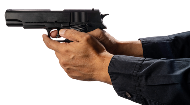 Hand Holding Gun isolated on white background png file.