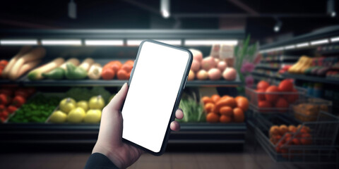 Smartphone with a blank white screen on the background of the vegetable department of the supermarket and close-up. Generative AI