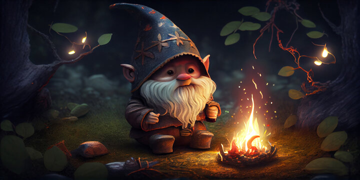 Fairytale gnome near the tourist night camp fire. Generative AI