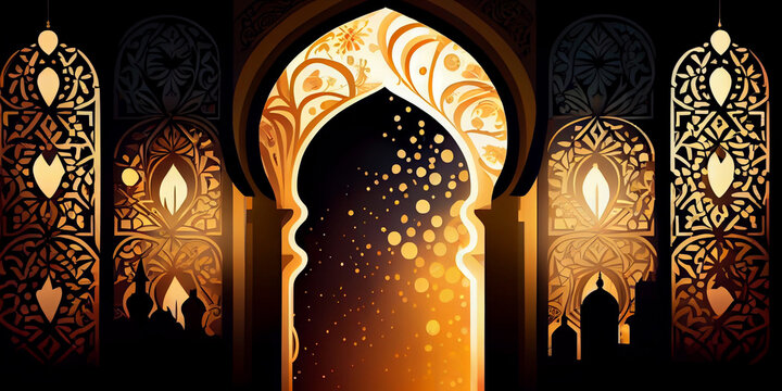 Fairy tale archway or entrance door, in ancient Arabic or Muslim style with beautiful ornamentation, at night. Generative AI