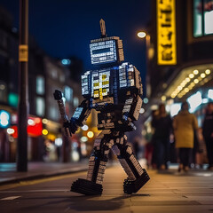 retro futuristic robot in street, 80s 90s vintage sci-fi robo