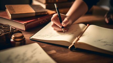 Close up da mão de uma estudante fazendo uma anotação com um lápis - obrazy, fototapety, plakaty