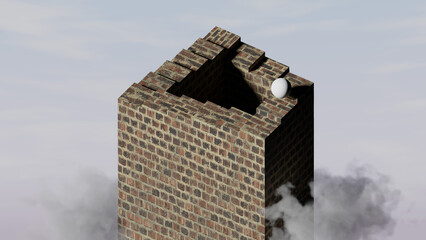 ペンローズの階段のトリックアート上を無限に転がり落ち続けるボール
