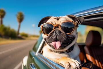 Photo of a dog enjoying a car ride with sunglasses on