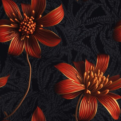 Glowing red flowers seamless pattern.