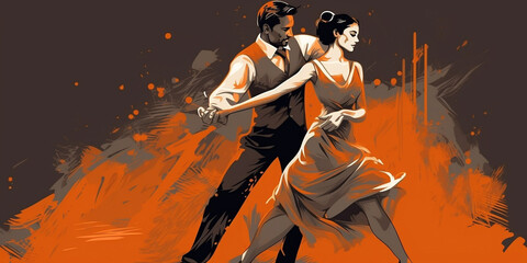 A stylized image of a man and a woman dancing a ballroom dance. Generative AI