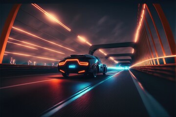 Cyber neon driving green power sport car with hybrid technology automotive. Concept of light glowing on dark city view in night life. Finest generative AI. - obrazy, fototapety, plakaty