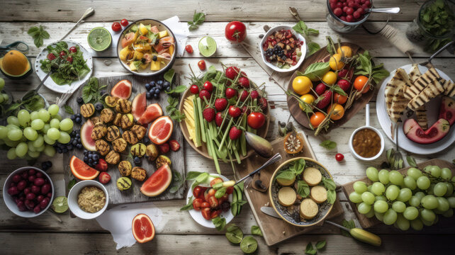 Summer food table scene over a white wood background. Collection of refreshing salads, fruit, wraps and BBQ grilled skewers. Top view. Generative AI