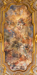 NAPLES, ITALY - APRIL 20, 2023: The ceiling fresco The Sacrifice of Elijah in sacristy of  church Basilica santuario di Santa Maria del Carmine Maggiore by  Filippo Falciatore (1718 – 1768)	 - obrazy, fototapety, plakaty