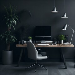 Serene Home Office with Modern Design and Natural Accents, chair at wooden table with compuet monitor and plants in grey spacious home office interior, generetive by AI